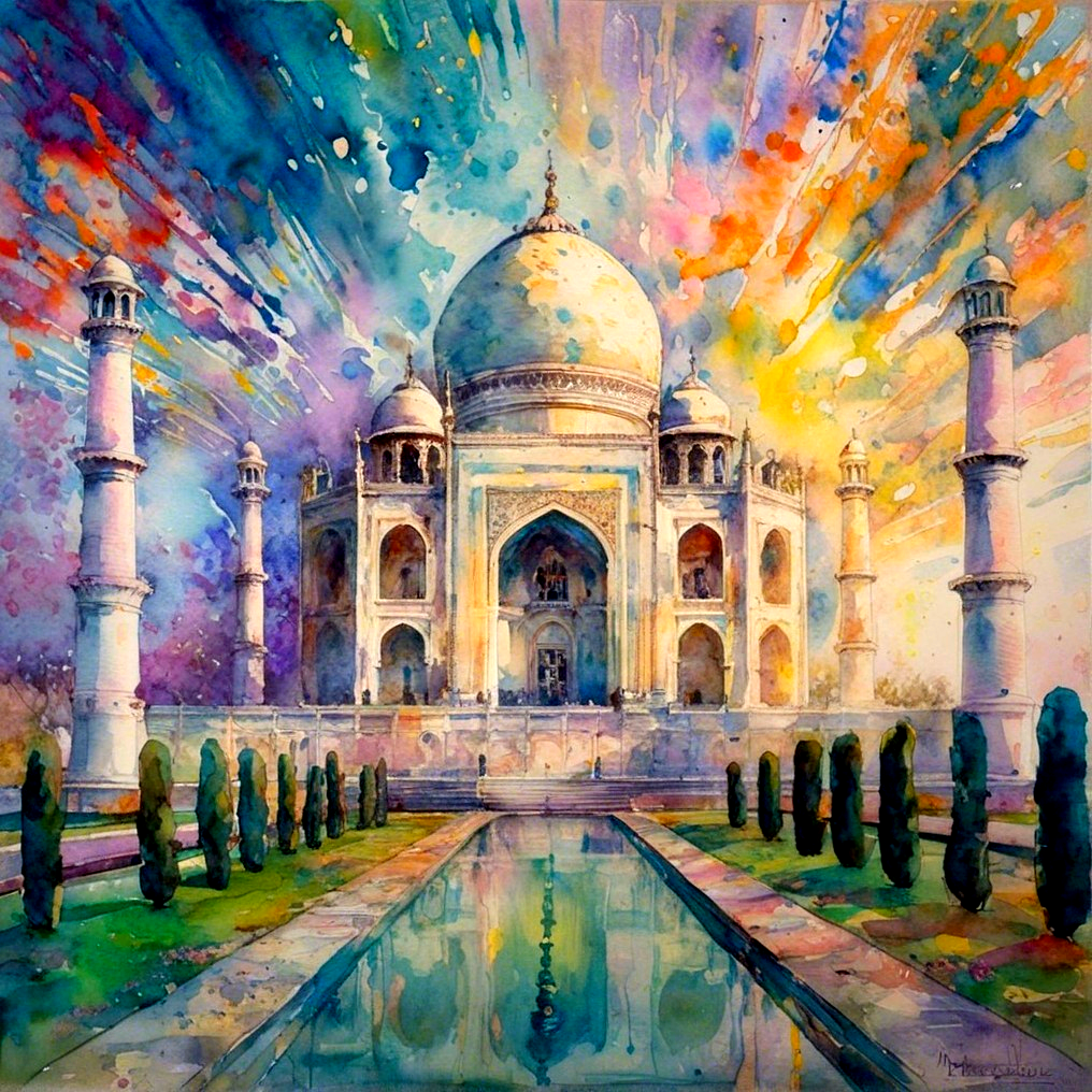 Vibrant Watercolor of the Taj Mahal with Colorful Background