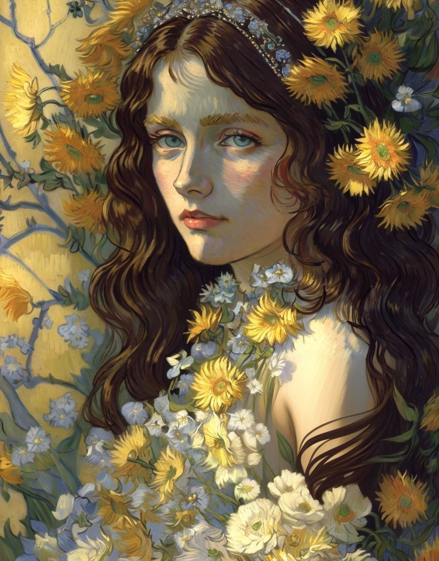 Painting of a young woman with floral crown and flowers