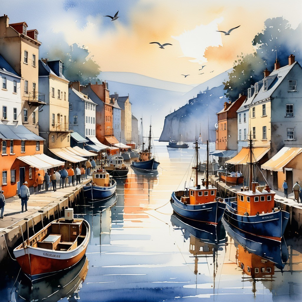 Serene Harbor Scene at Dawn with Colorful Buildings