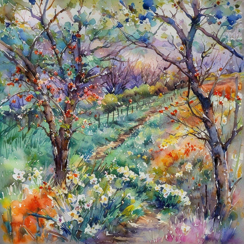 Vibrant Watercolor Landscape of a Serene Pathway