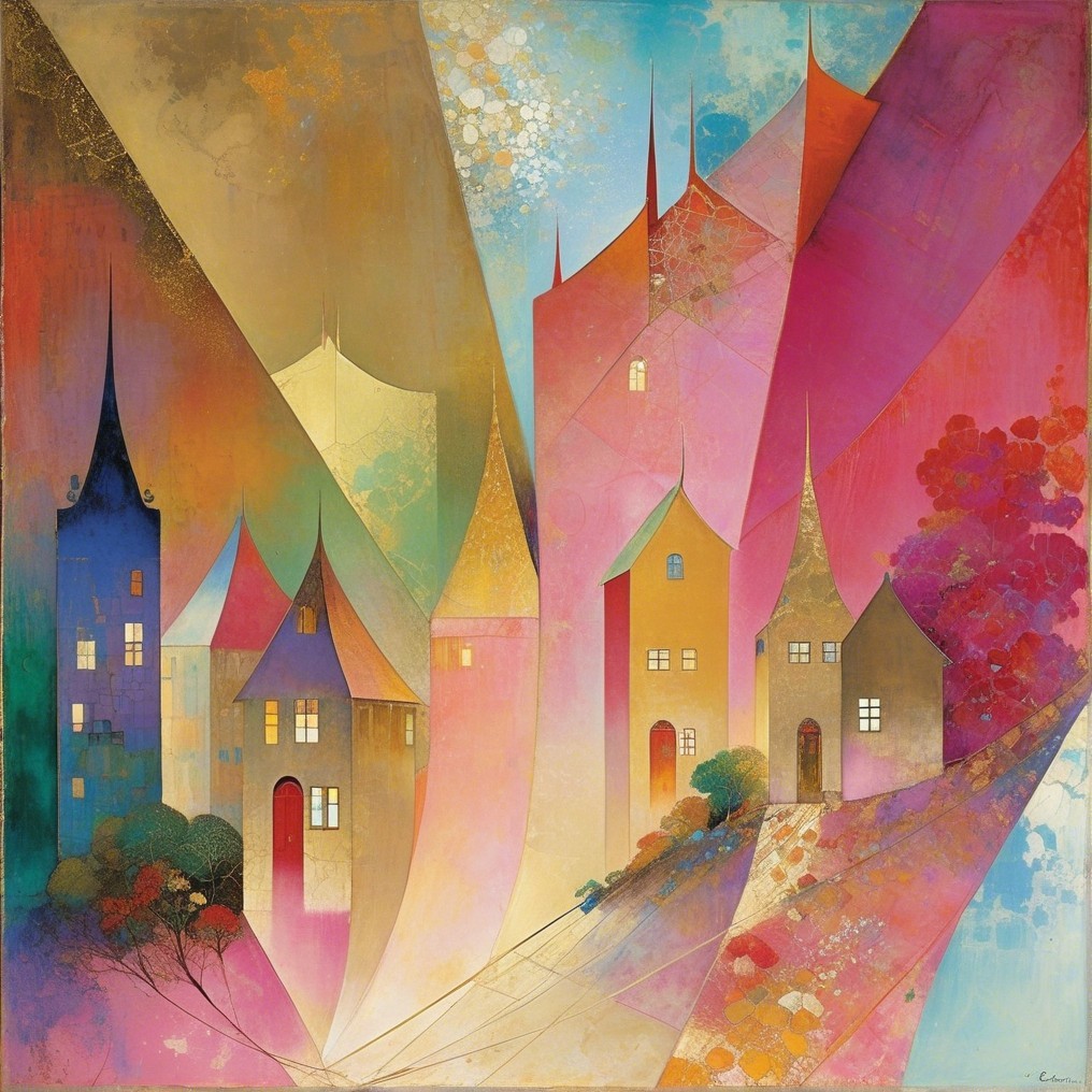 Whimsical Abstract Landscape with Colorful Houses