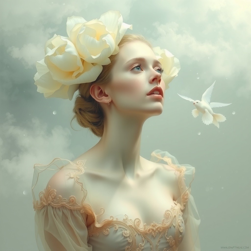 Woman in Ethereal Gown with Floral Crown and Dove