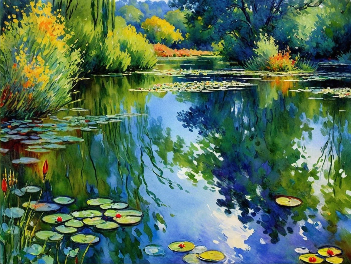 Serene Pond Landscape with Lush Greenery and Reflections