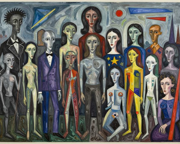 Cubist Painting of Elongated Figures in Various Attires
