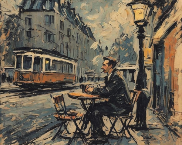 Solitary Figure at Café with Vintage Tram Scene