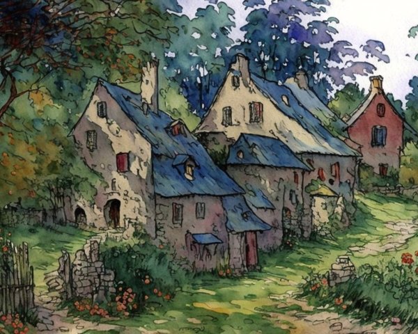 Whimsical Village Scene with Stone Cottages and Gardens