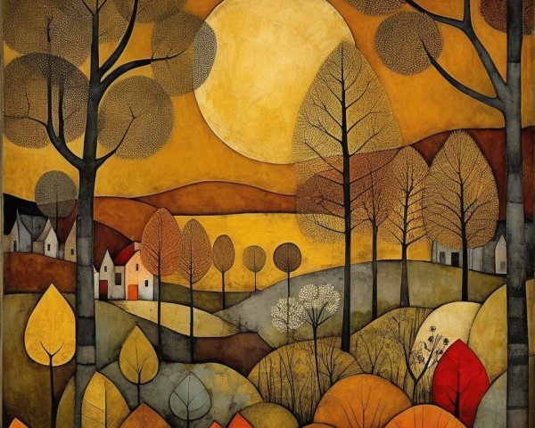 Stylized Autumn Landscape with Rolling Hills and Sunset