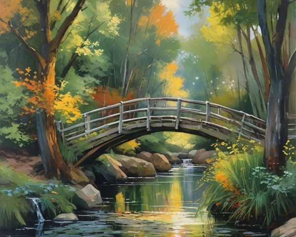 Serene Landscape with Wooden Bridge Over Tranquil Stream