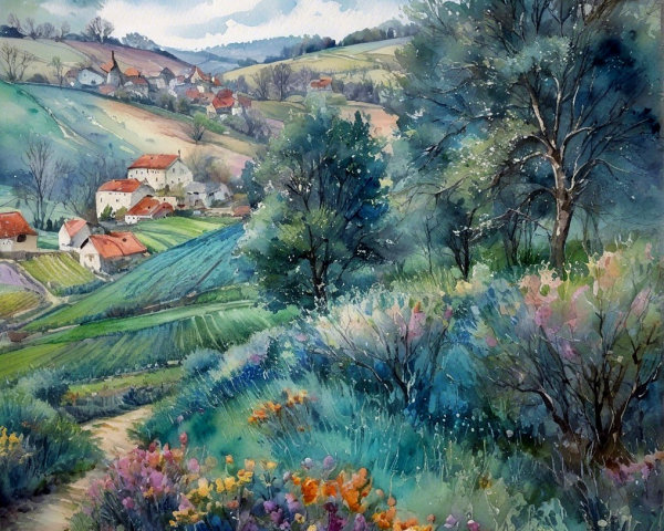 Watercolor Landscape of Rolling Hills and Wildflowers