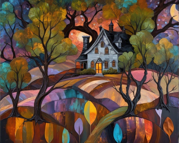Whimsical Landscape with Stylized House and Vibrant Trees
