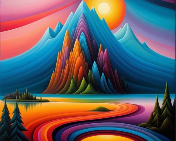 Vibrant Landscape with Mountains and Sunset Reflections