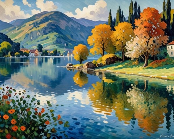 Vibrant Landscape with Serene Lake and Autumn Foliage