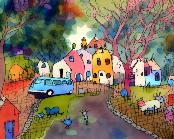 Colorful Village Scene with Houses and Playful Animals