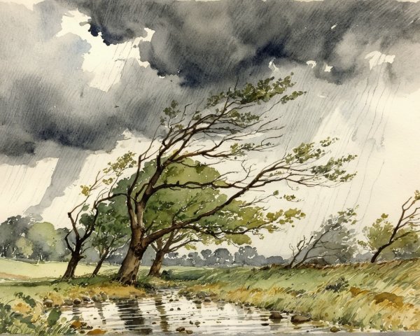 Stormy Landscape with Rain and Gnarled Trees in Watercolor