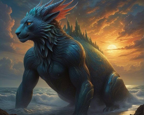 Majestic Sea Creature with Lion-Like Face at Sunset