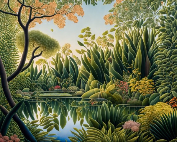 Lush Landscape with Diverse Plants and Serene Pond