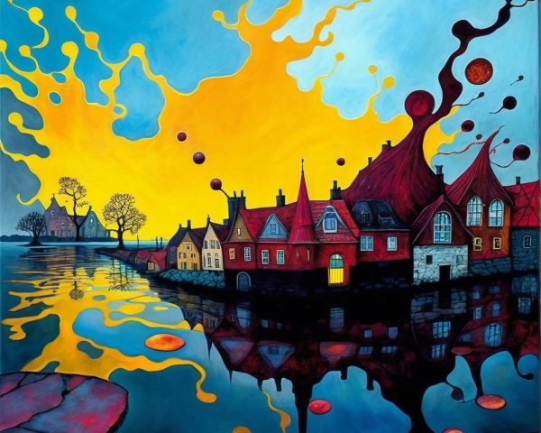 Surreal Painting of Whimsical Village and Reflection