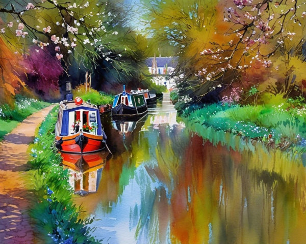 Colorful Narrowboats Moored by a Serene Canal Scene