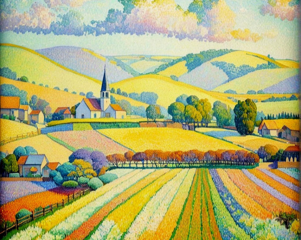 Vibrant Landscape of Rolling Hills and Colorful Fields