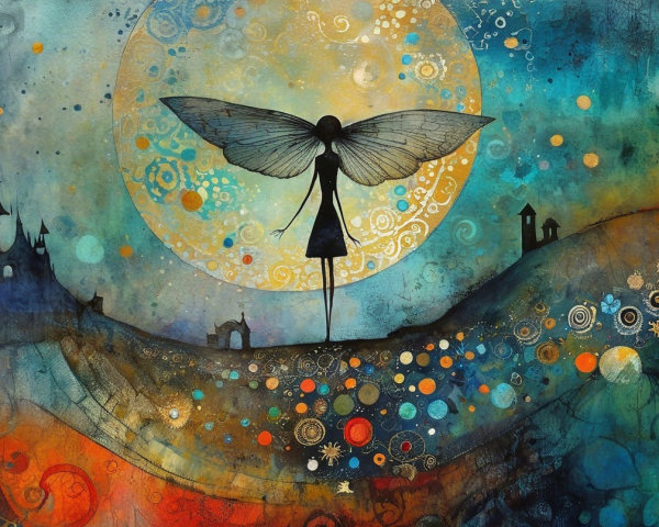 Whimsical Silhouette with Wings in Abstract Landscape