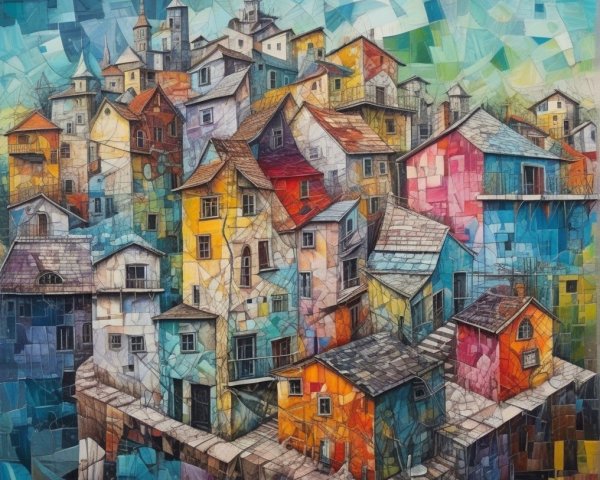 Cubist Artwork of Colorful Houses on a Hillside