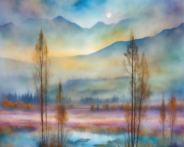 Impressionistic Watercolor of Mountain Landscape at Sunrise