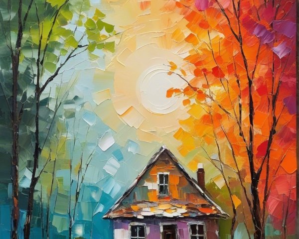 Vibrant Landscape with Cozy House and Colorful Sky