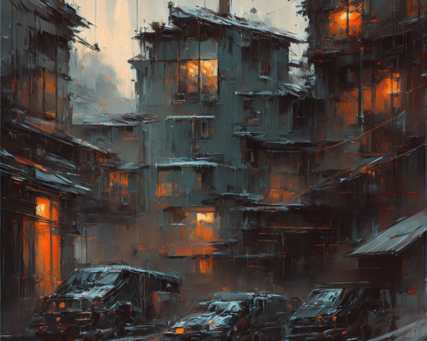 Rain-Soaked Urban Scene with Dimly Lit Buildings