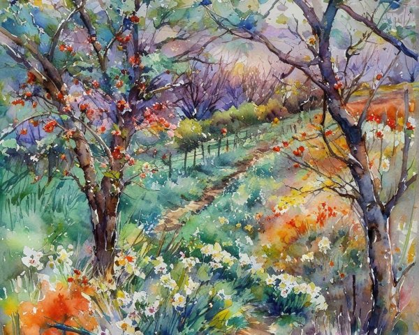Vibrant Watercolor Landscape of a Serene Pathway
