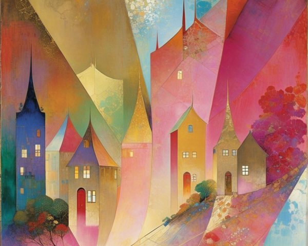Whimsical Abstract Landscape with Colorful Houses
