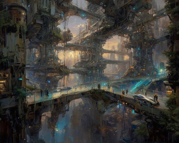 Futuristic Cyberpunk Cityscape at Night Overgrown with Nature