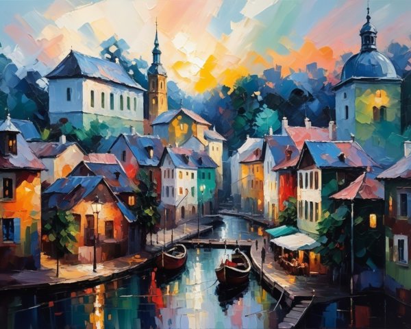 Charming Village Scene at Dusk with Colorful Buildings