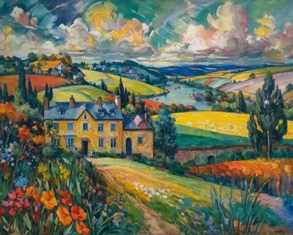 Vibrant Landscape with Yellow House and Rolling Hills
