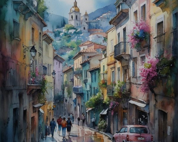 Charming Cobblestone Street with Pastel Buildings and Church