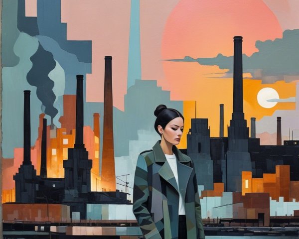 Urban Industrial Scene with Serene Contemplative Figure