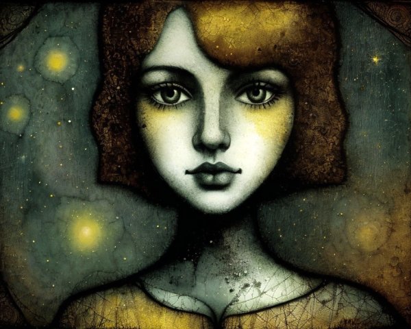 Stylized portrait of a serene young woman with gray skin