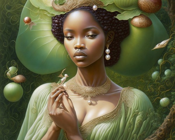 Portrait of a woman in green outfit with natural elements