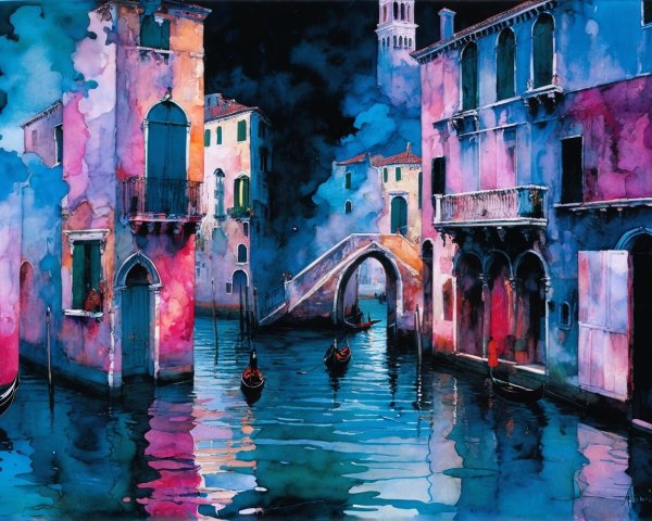 Venetian Canal Scene in Watercolor at Twilight