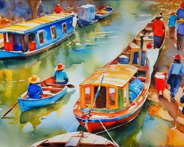 Vibrant Watercolor of a Tranquil Canal Scene