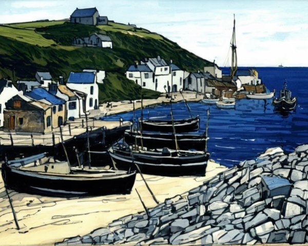 Tranquil Coastal Harbor with Traditional Boats and Homes