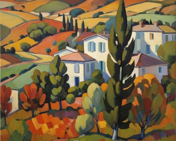 Cubist Oil Painting of Autumn Rural Village Landscape