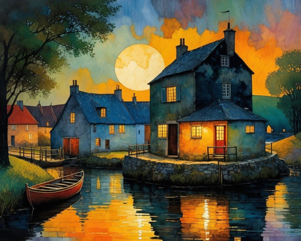 Charming Village at Sunset by a Tranquil Canal