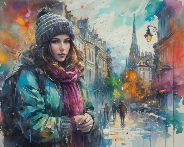 Young Woman in Cozy Winter Attire in Cityscape