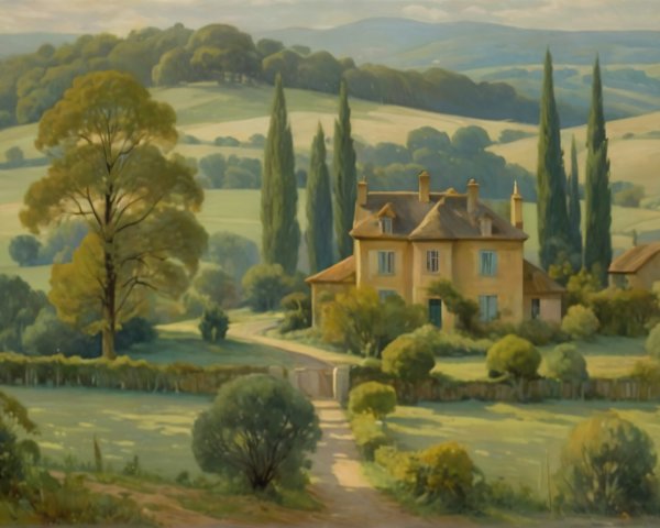 Rustic house in serene landscape with lush gardens