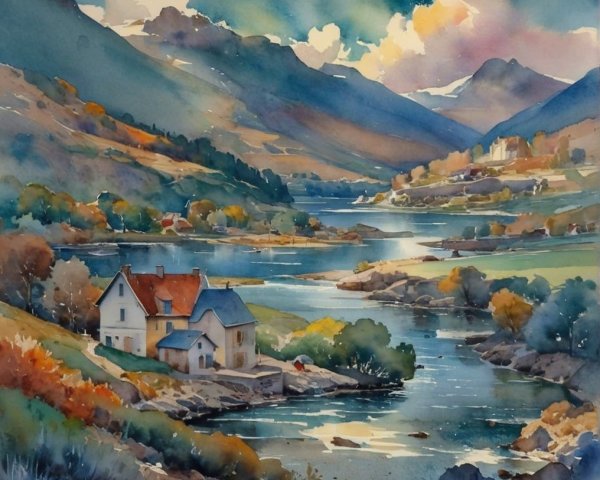 Tranquil River Landscape with Charming Houses and Hills