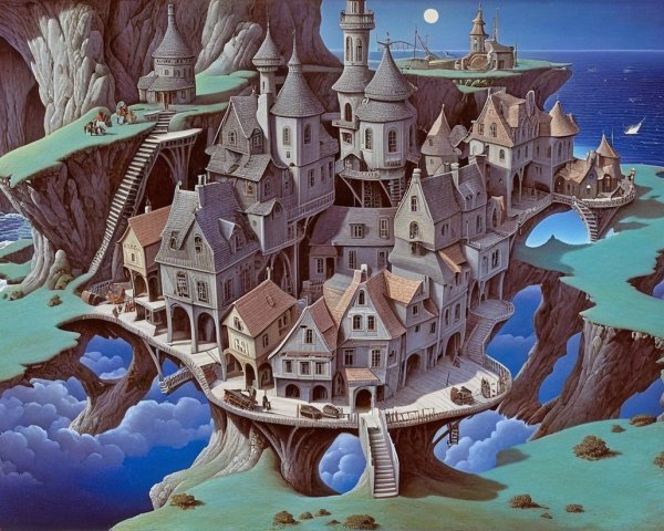 Surreal Village on Cliffs with Unique Architecture