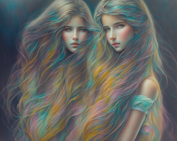 Ethereal Artwork of Two Girls with Pastel Hair