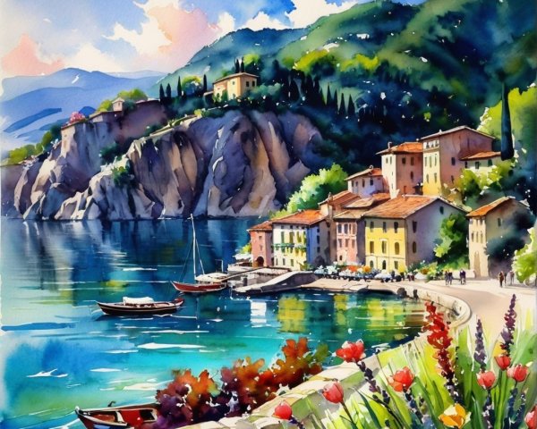Lakeside Scene with Vibrant Buildings and Mountains