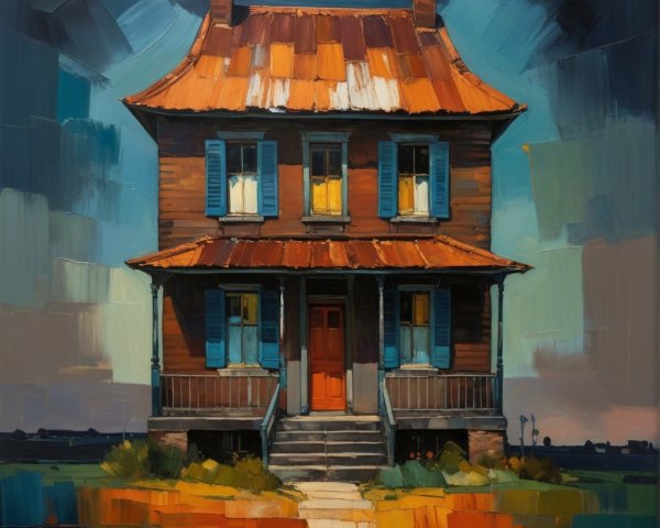 Two-Story House with Rust Roof and Blue Shutters