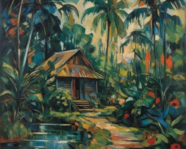 Vibrant Painting of Rustic Cabin in Tropical Paradise